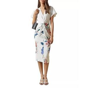 Ted Baker Nerris Formal Cocktail Event Midi Dress V-Neck Floral Size 2 US 6